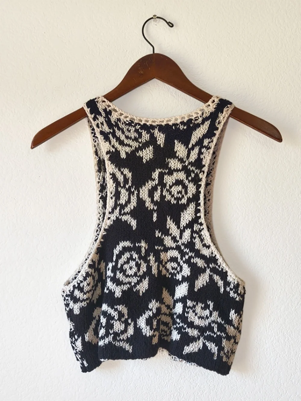 Free People Rosie Cropped Knit Sweater Vest with Black and White Floral Pattern